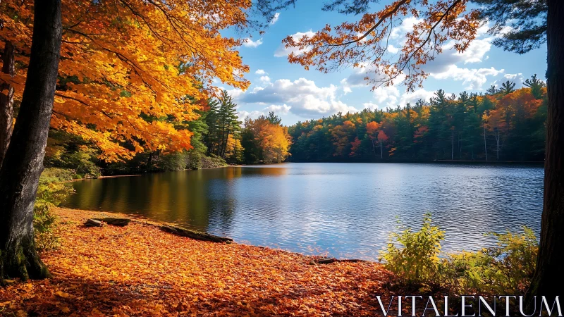 Autumn forest lake with vivid foliage and calm reflections.