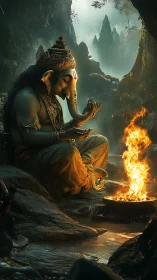 Forest-lit Ganesha in meditative dialogue with rising flame.
