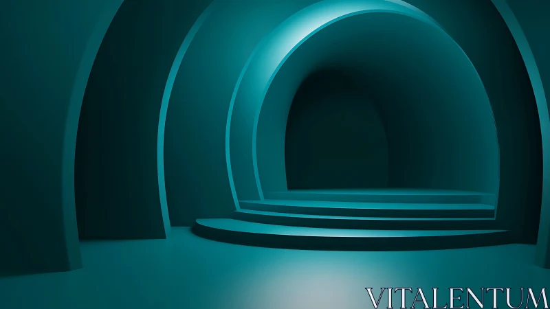 Midnight teal passage of curved steps and echoing arches.