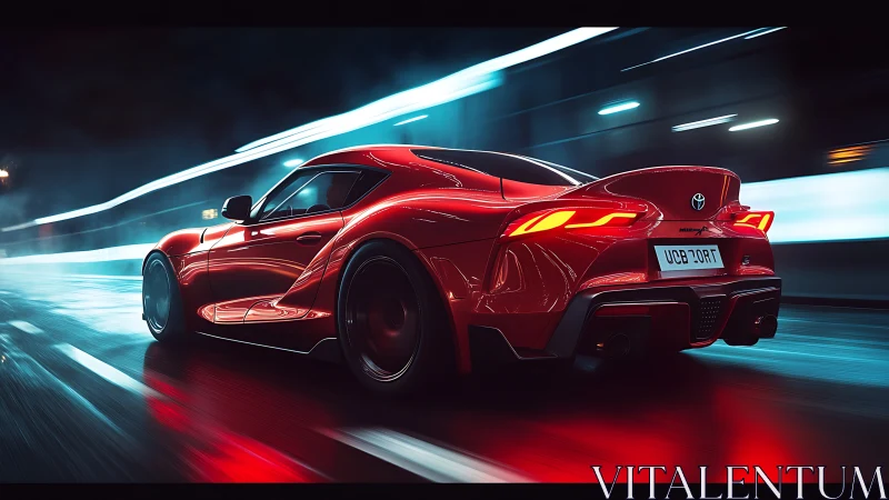 Red sports coupe accelerates through neon‑lit wet highway