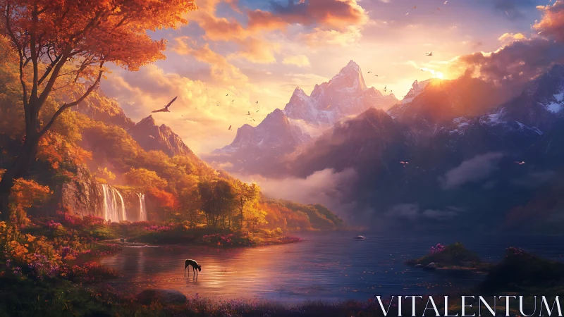 Luminous alpine lake at sunset with cascades, deer, and peaks.