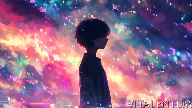 Chromatic silhouette of contemplative youth in nebular glow.