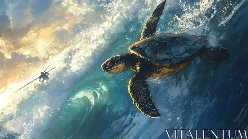 Marine turtle moves through breaking wave near distant figure