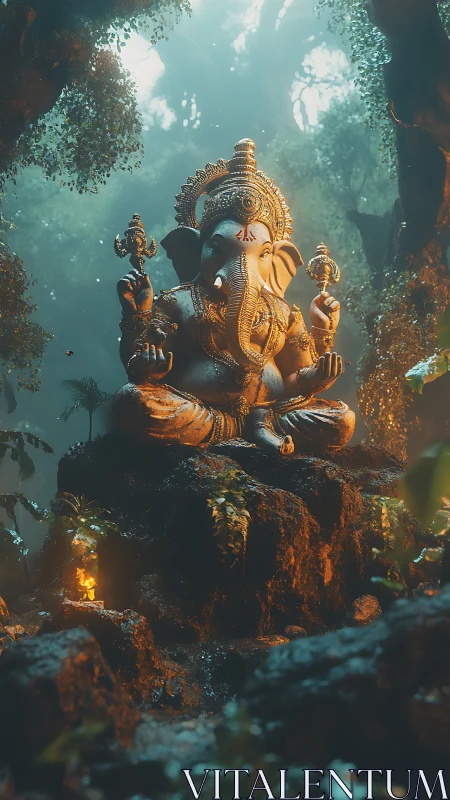 Ganesha stone statue seated in dense misty forest clearing.