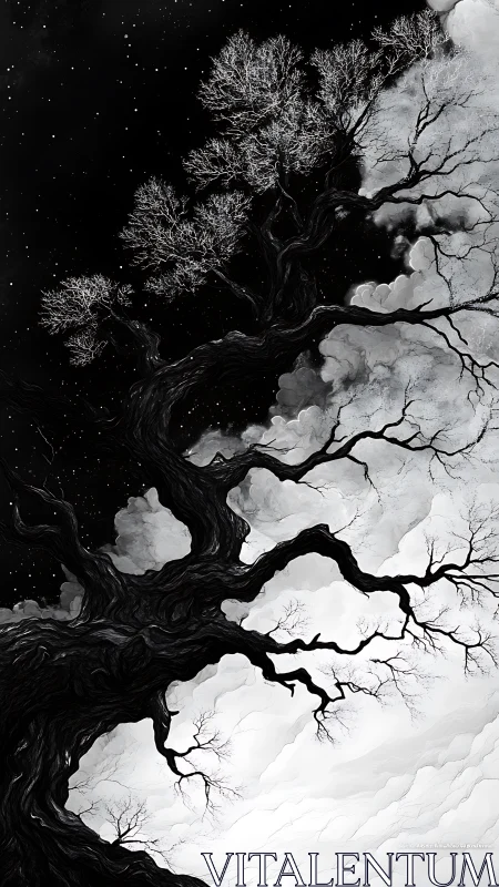 Nocturnal winter tree silhouette against starry void sky