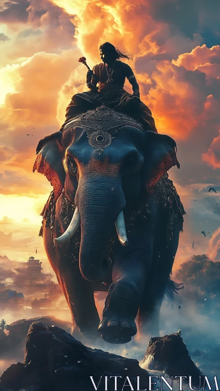 Warrior on armored elephant advances through cinematic sunset haze