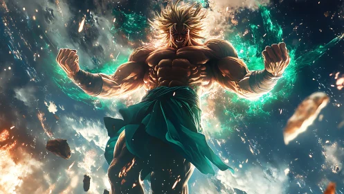 Titanic anime warrior unleashes cosmic energy in midair