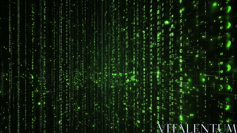 Glowing green code streams simulate immersive cyber data flow