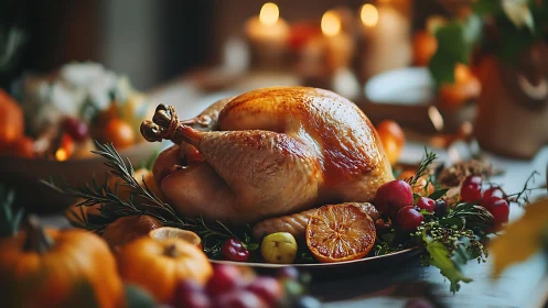 Roast turkey centerpiece with citrus and herbs on festive table.