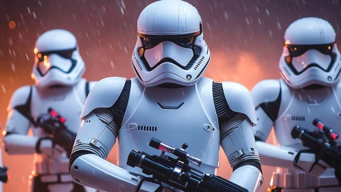 Armored sci fi soldiers stand in formation under artificial rain