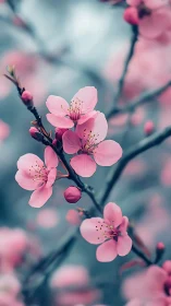 Pink Peach Blossoms on Dark Branches Against Soft Blue Bokeh.
