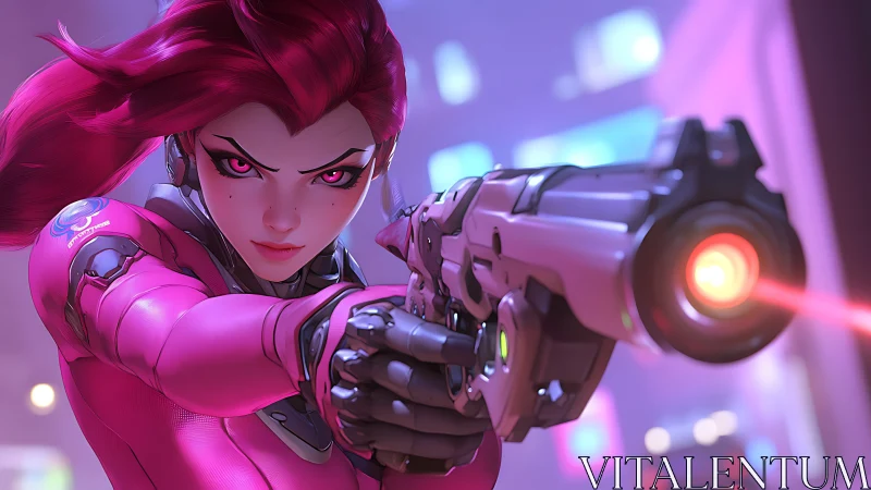 Cybernetic agent aims high-energy pistol with neon depth of field