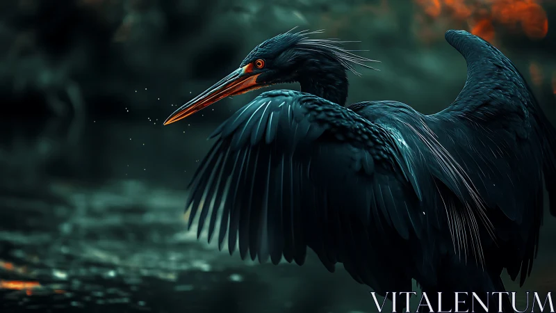 Midnight heron unfurls neon plumage by shadowed waters.