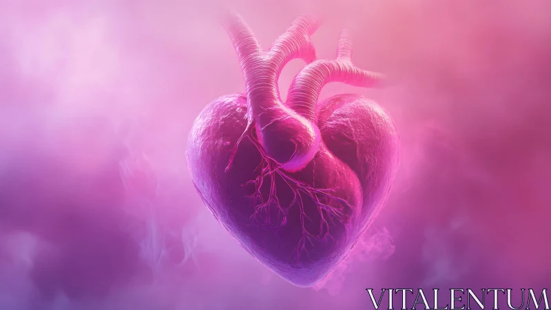 Realistic human heart floating in dreamy pink and purple mist.