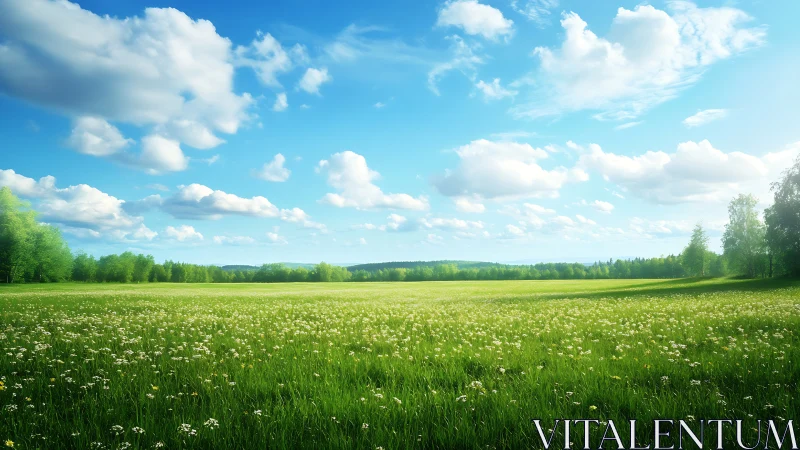 Vast spring meadow under volumetric clouds in soft daylight