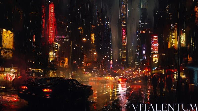 Neon soaked city street shining through a midnight storm.