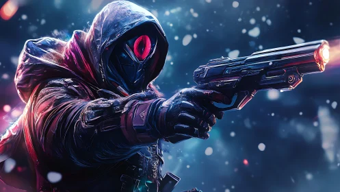Cybernetic hooded marksman aims pistol in neon snowstorm.