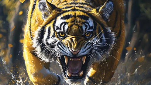 Digital painting of charging tiger with dynamic frontal perspective.
