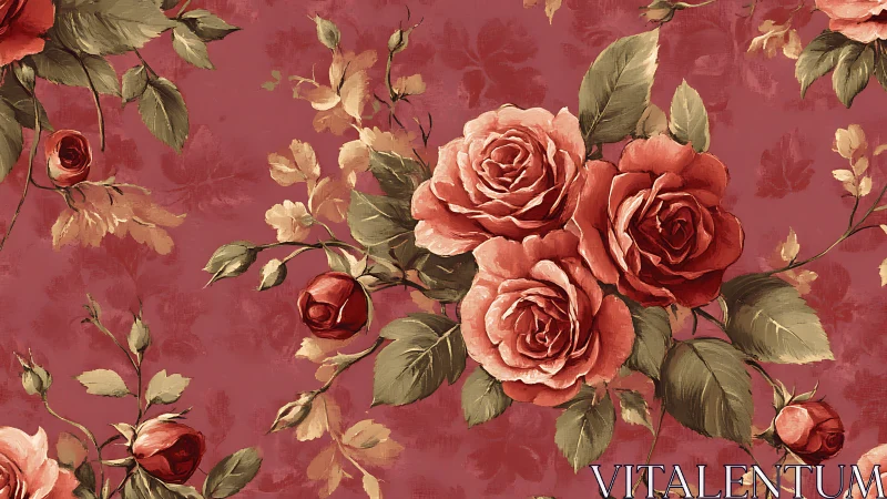 Romantic floral composition with layered crimson roses and foliage.