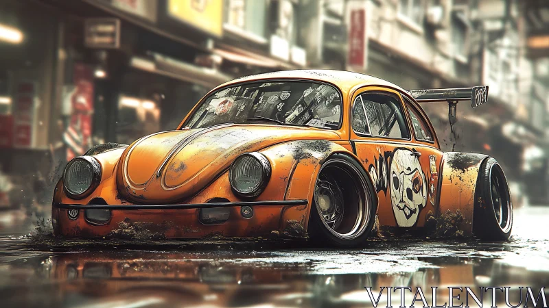 Street-tuned beetle splashing through a rainy cyber city.