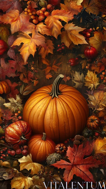 Central pumpkins are surrounded by dense autumn foliage