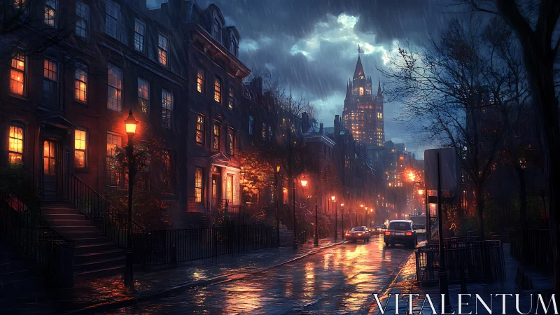 Rain-soaked city street with lit townhouses and tower at dusk.