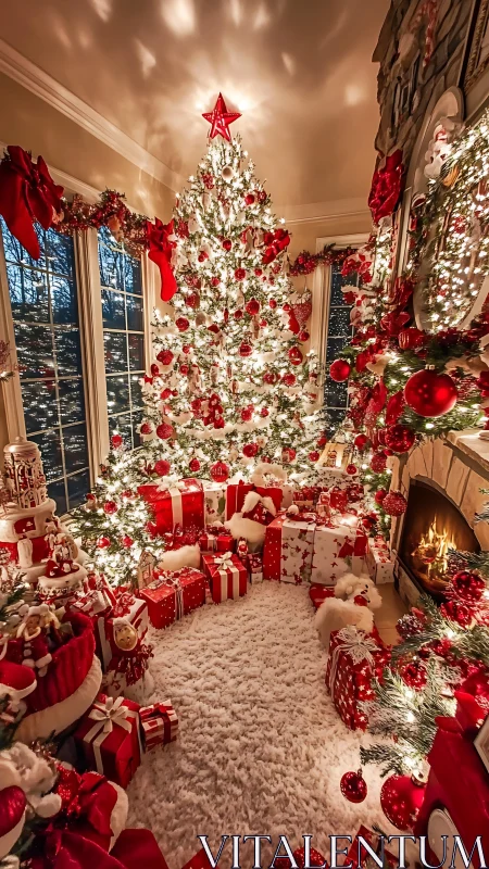 Glowing white Christmas tree anchors a lavish red holiday room.