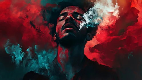 Expressive portrait in red teal vaporous digital strokes.