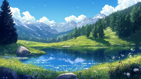 Mountain lake under clear sky with bright alpine meadow.