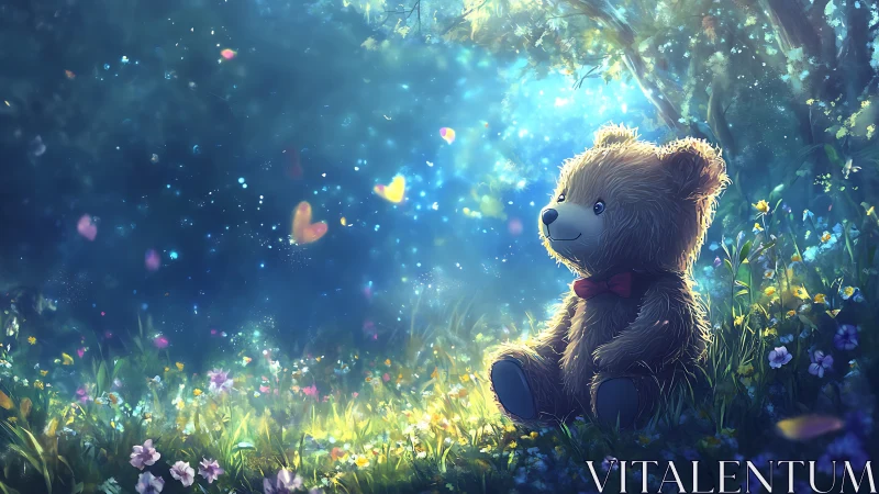 Teddy bear in glowing forest clearing with soft butterflies.