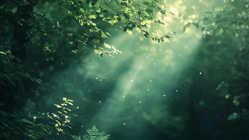 Sunbeams Filtering Through Lush Green Forest Canopy, Dreamy Style.