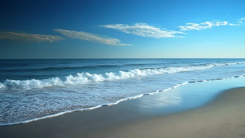 Gentle ocean waves roll onto a tranquil sunlit shoreline