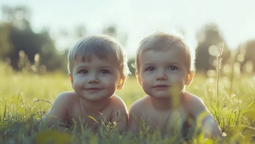 Two Toddlers in Sunlit Grass Field