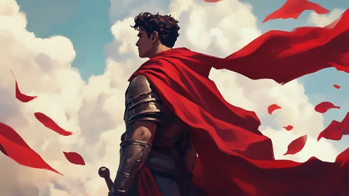 Profile view of armored hero in wind-torn red cloak against sky
