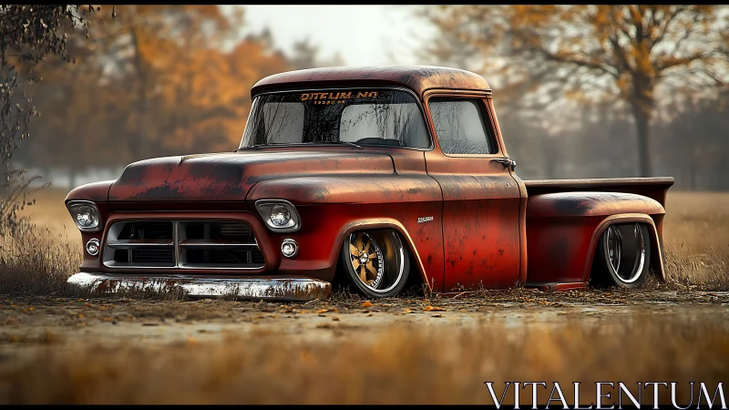 Rust-patina slammed pickup in soft autumn field lighting.