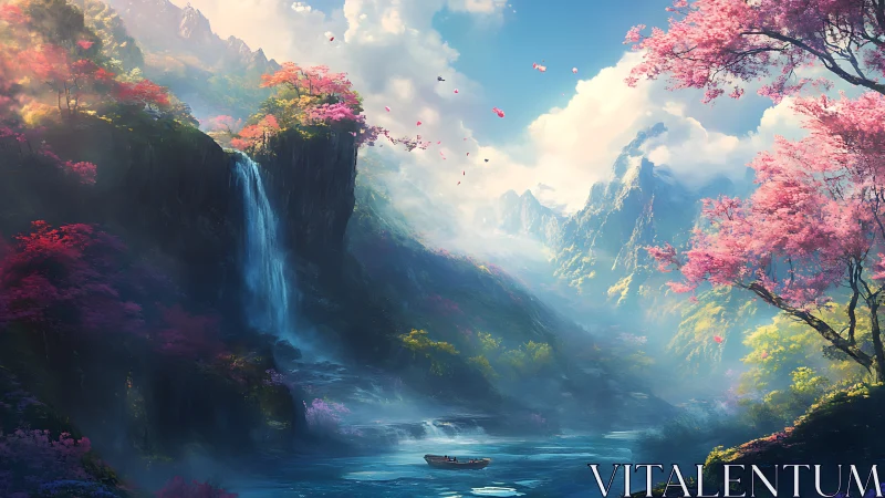 Dreamy river valley beneath cherry blossom skies at dawn.