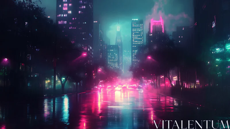 Neon soaked skyline reflects across rain drenched cyber avenue
