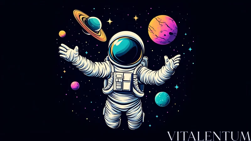 Chromatic extravehicular astronaut amid stylized planetary orbits.