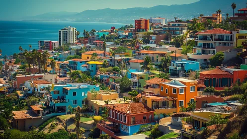 Colorful coastal hillside neighborhood glows under clear skies
