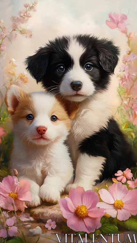 Twin Canine Subjects in Chromatic Floral Environment.