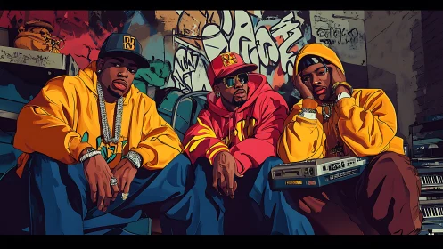 Hip hop trio in hoodies posing in urban graffiti alley scene.
