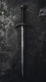 Silent iron longsword waits like a shadow pinned in stone
