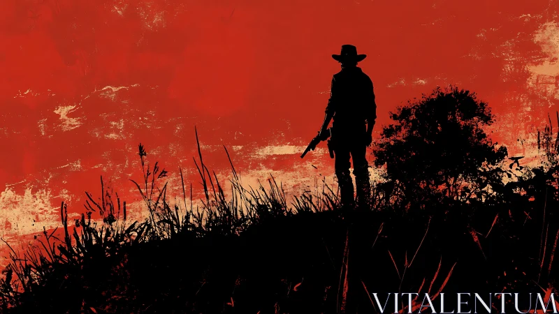 Silhouetted armed figure on ridge against red textured sky.