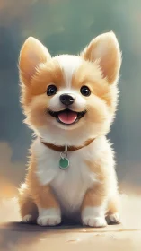 Fluffy corgi puppy smiles brightly in soft pastel light.
