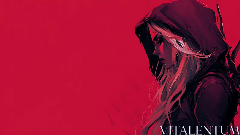 Hooded woman in profile against stark red background.