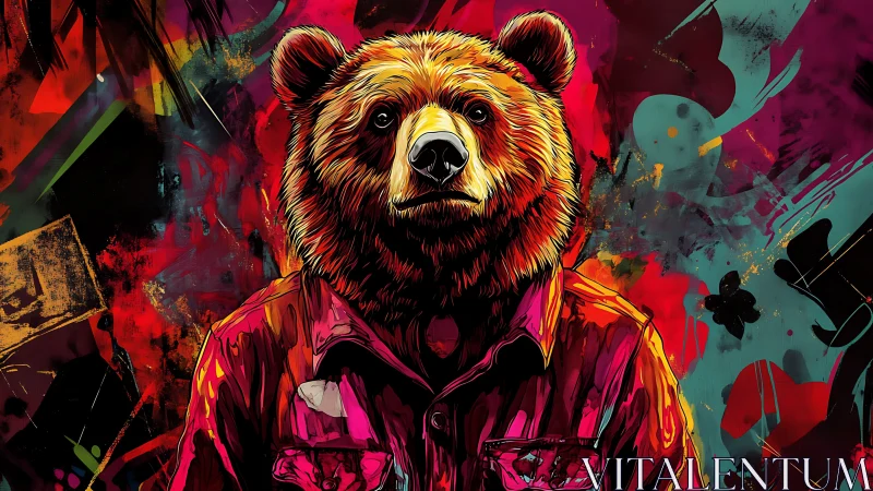 Pop art portrait of shirted bear against neon abstract field.