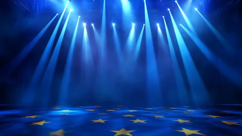 Stage lit with converging blue spotlights on star emblem floor
