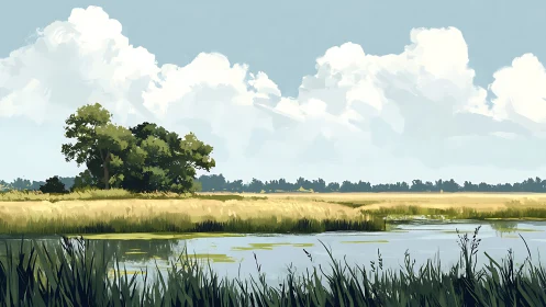 Marshland pond with distant trees under cloud-filled sky.