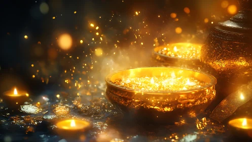 Golden bowls with coins and candlelight in dark setting.