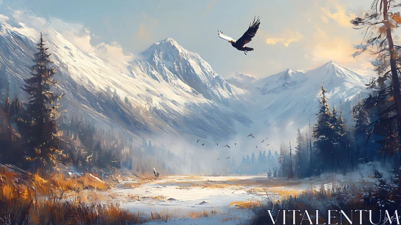Eagle’s winter glide above a sunlit alpine hushland.